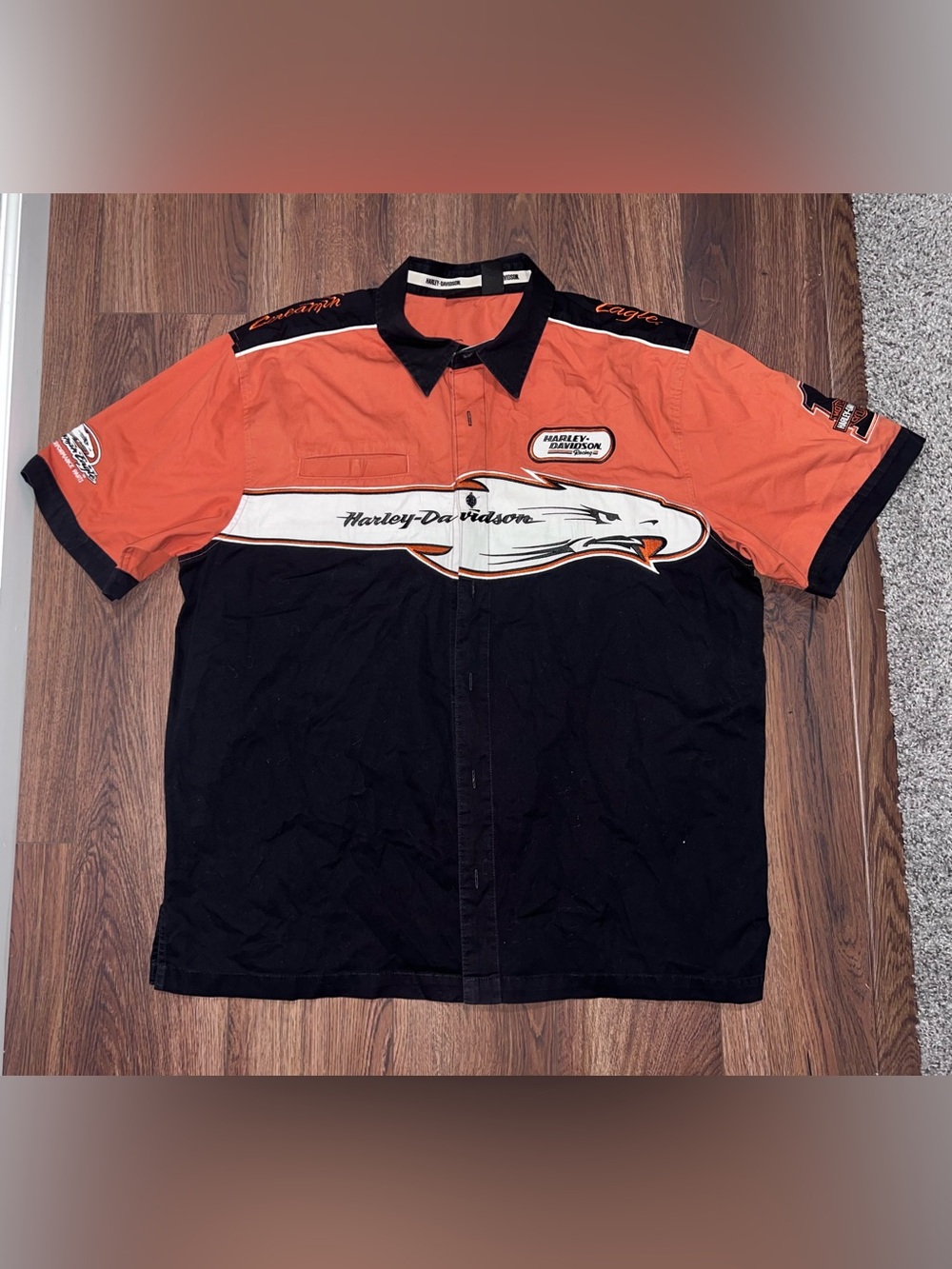 Harley-Davidson Orange Black Eagle Graphic Button-Down Shirt